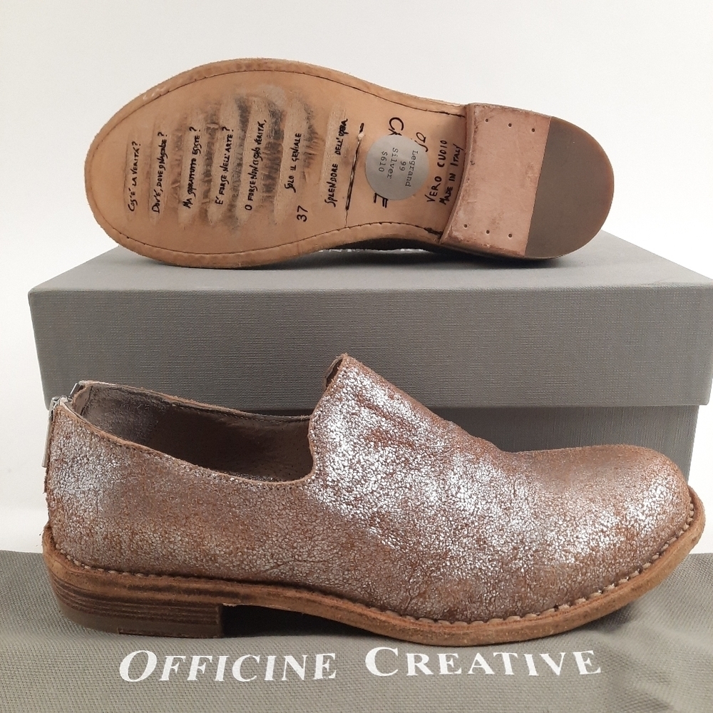 NIB OFFICINE CREATIVE Antiqued Silver Leather Loafer Italy Western